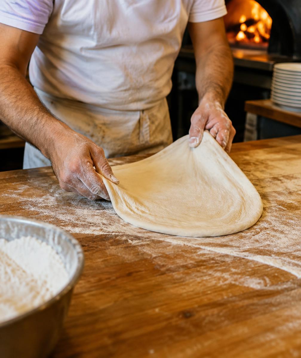 Pizzaiolo stretching dough