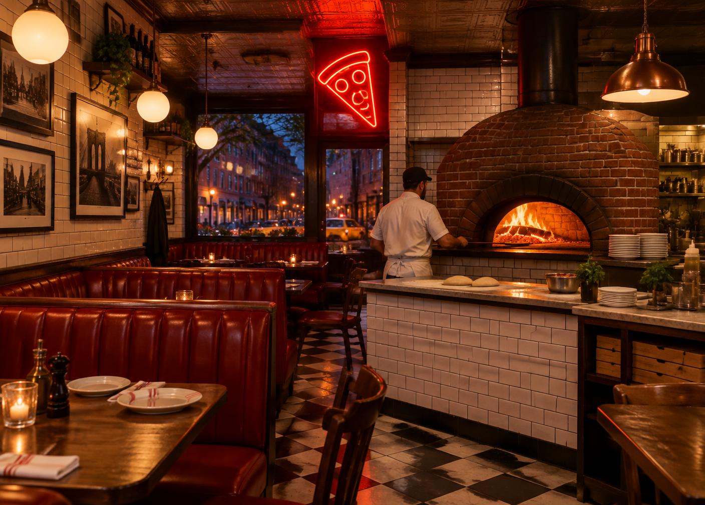 Pizzeria interior with brick oven